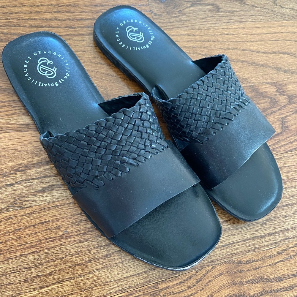 Black Woven Genuine Leather Square Toe Sandals Flats Size 8